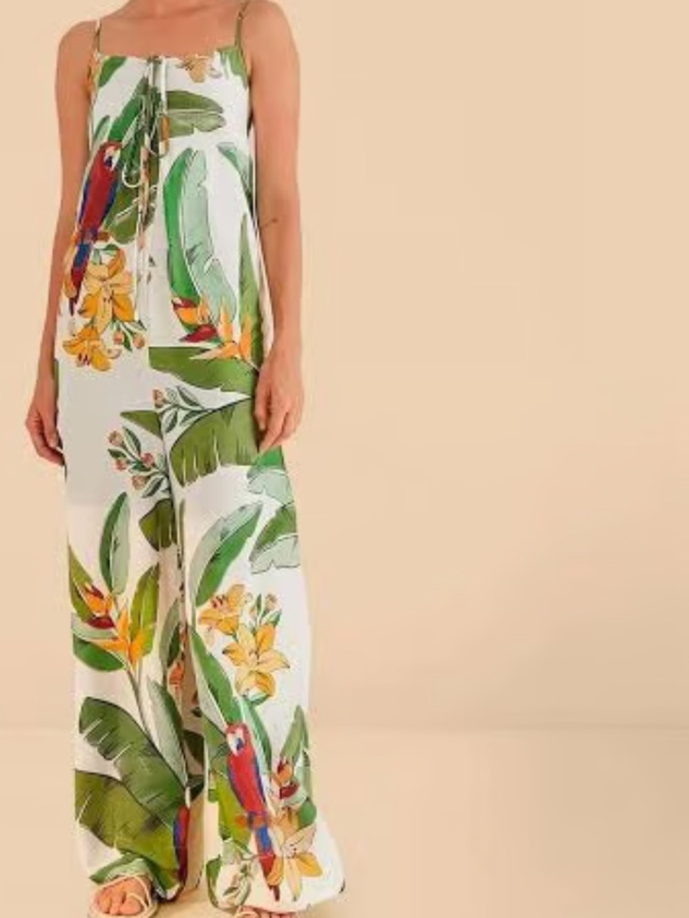 FARM Rio White Tropical Parrot-Print Wide-Leg Jumpsuit Small Maccaw